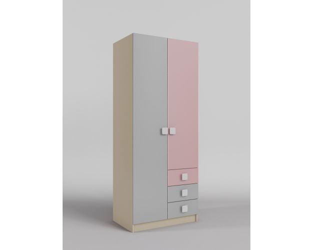 Шкаф 2-х створчатый с ящиками Грэйси (Розовый/Серый/корпус Клен)